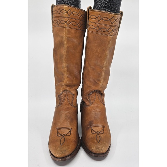 VTG USA Leather Western Cowboy Boots Women's Size 5D Wide Brown Pull-On Handmade - Picture 3 of 13